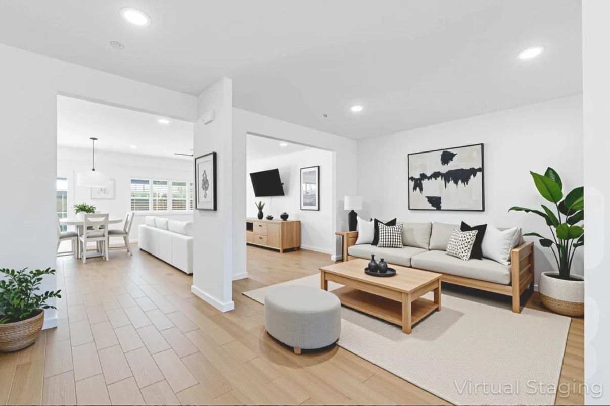 Dining room, Interior, Kitchen, Living room, Pendant Lights, Recessed Lighting, Stainless Steel Appliances, Wood Texture Flooring