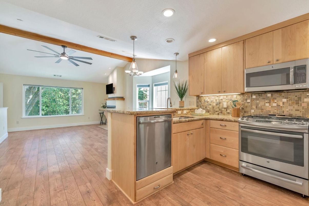 Interior, Kitchen, Pendant Lights, Recessed Lighting, Stainless Steel Appliances, Wood Texture Flooring