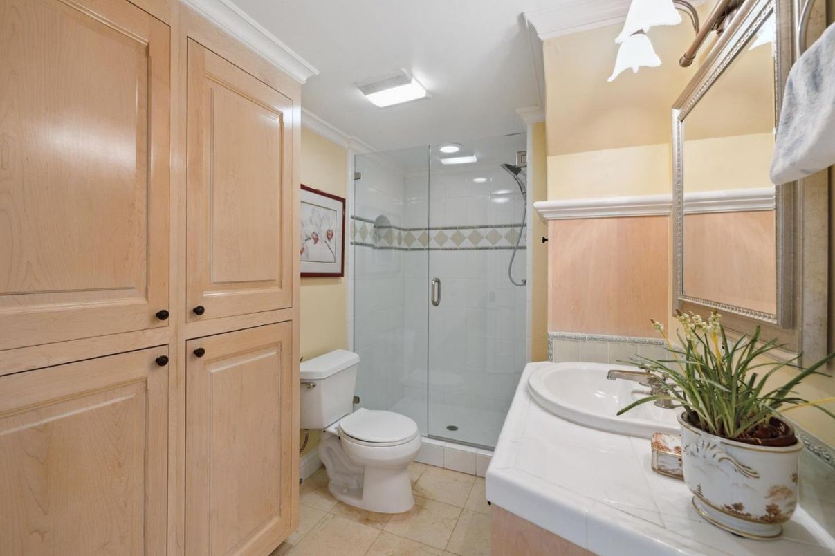 Bathroom, Glass Shower, Interior, Recessed Lighting, Tile Countertops