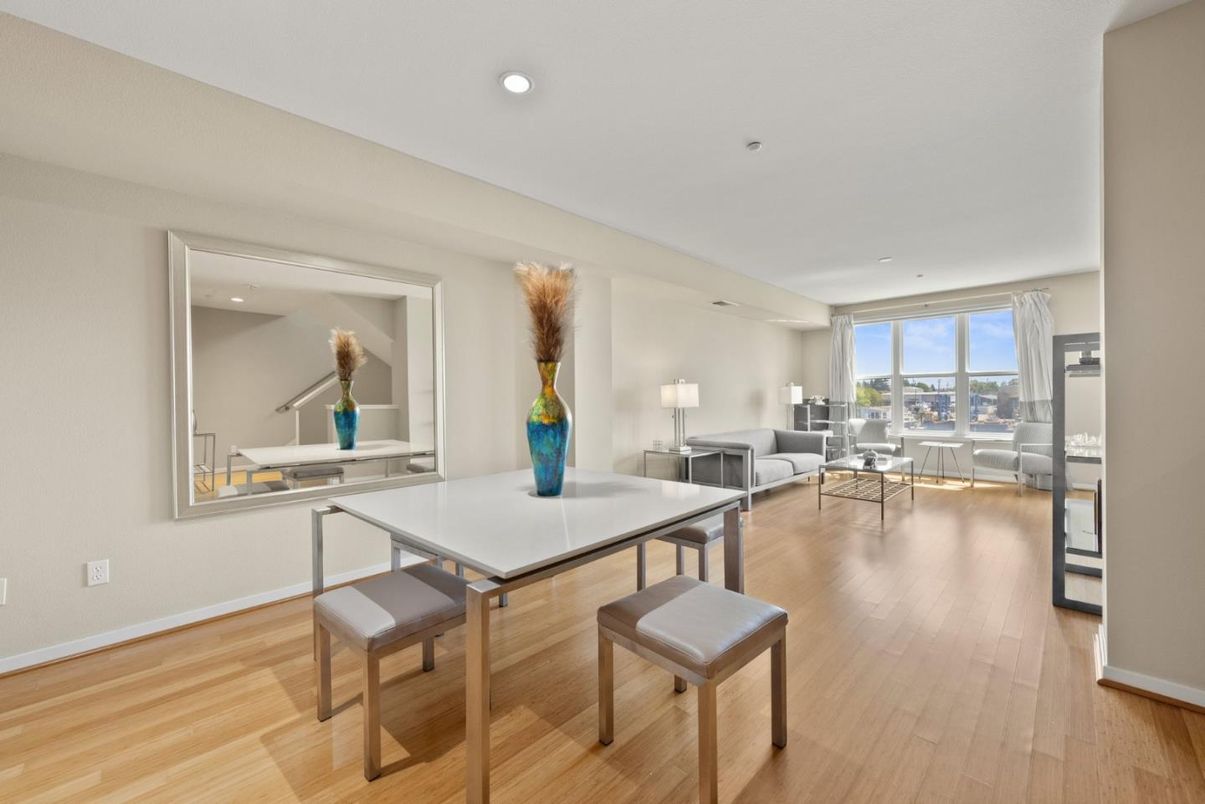 Dining room, Interior, Living room, Recessed Lighting, Wood Texture Flooring