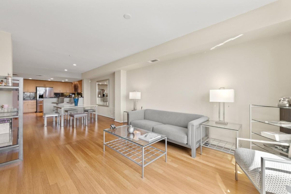 Dining room, Interior, Kitchen, Living room, Recessed Lighting, Stainless Steel Appliances, Wood Texture Flooring