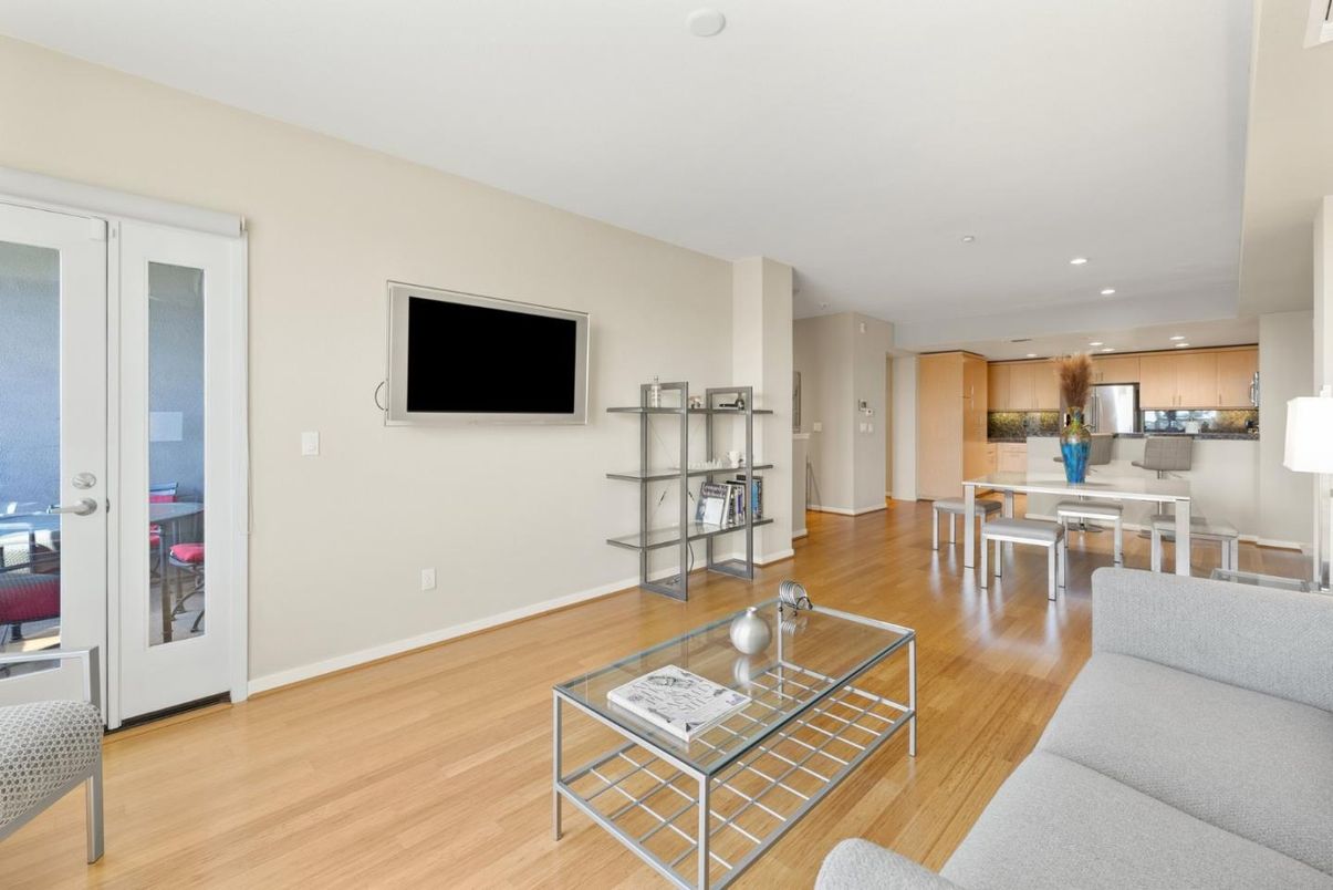 Dining room, Interior, Kitchen, Living room, Recessed Lighting, Stainless Steel Appliances, Wood Texture Flooring