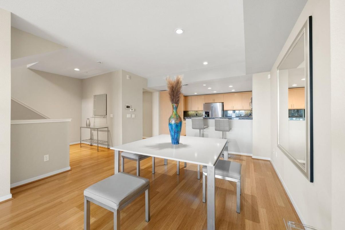 Dining room, Interior, Kitchen, Recessed Lighting, Wood Texture Flooring