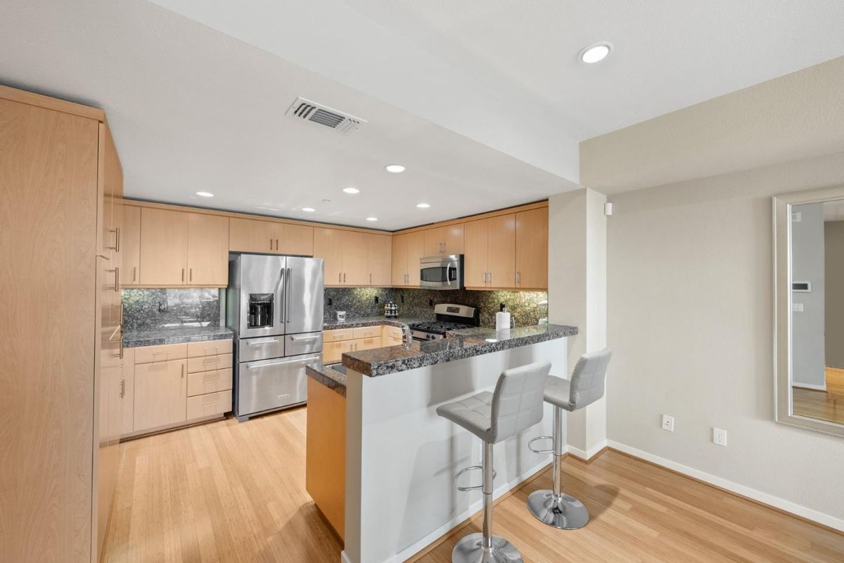 Interior, Kitchen, Recessed Lighting, Stainless Steel Appliances, Wood Texture Flooring