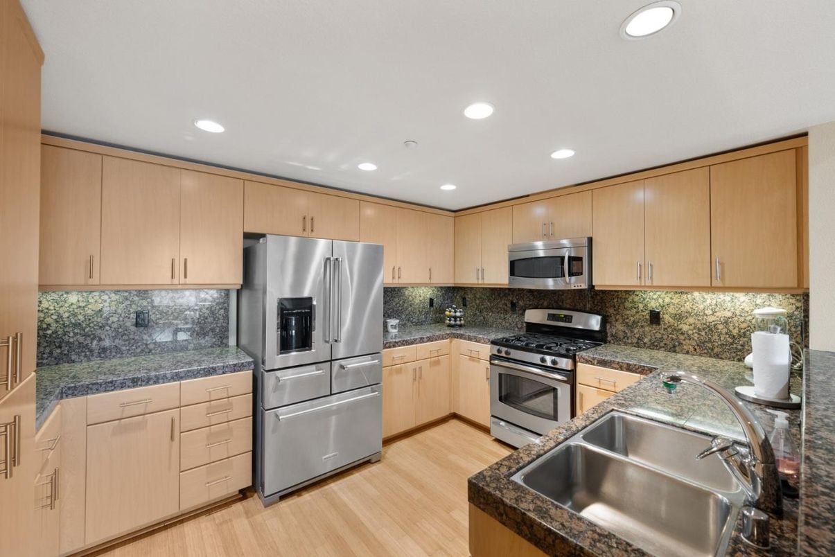 Interior, Kitchen, Recessed Lighting, Stainless Steel Appliances, Wood Texture Flooring