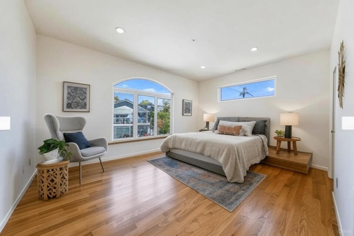 Bedroom, Interior, Recessed Lighting, Wood Texture Flooring