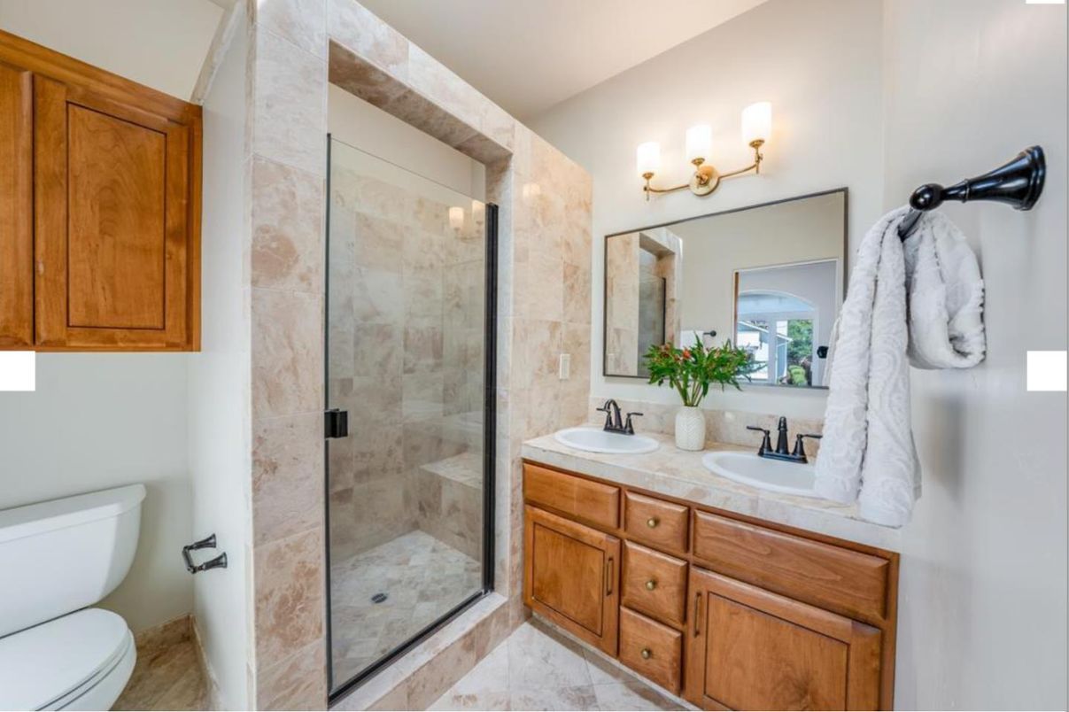 Bathroom, Dual Sink Vanities, Glass Shower, Interior, Tile Countertops