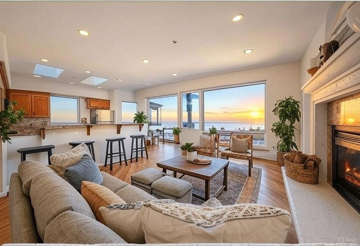 Fireplace, Interior, Kitchen, Living room, Recessed Lighting, Water, Wood Texture Flooring