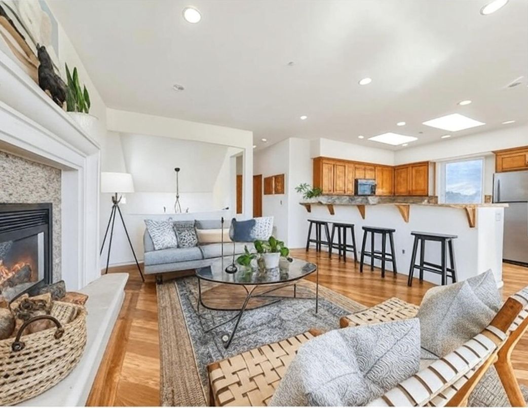 Fireplace, Interior, Kitchen, Living room, Recessed Lighting, Stainless Steel Appliances, Wood Texture Flooring