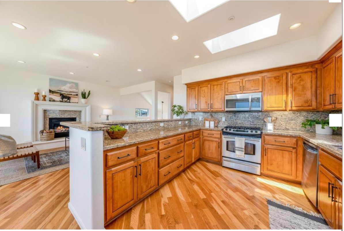 Fireplace, Interior, Kitchen, Living room, Recessed Lighting, Stainless Steel Appliances, Wood Texture Flooring