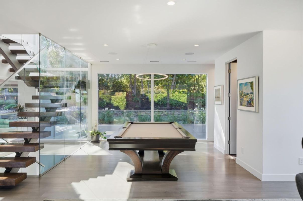 Billiard Table, Game Room, Interior, Recessed Lighting, Wood Texture Flooring