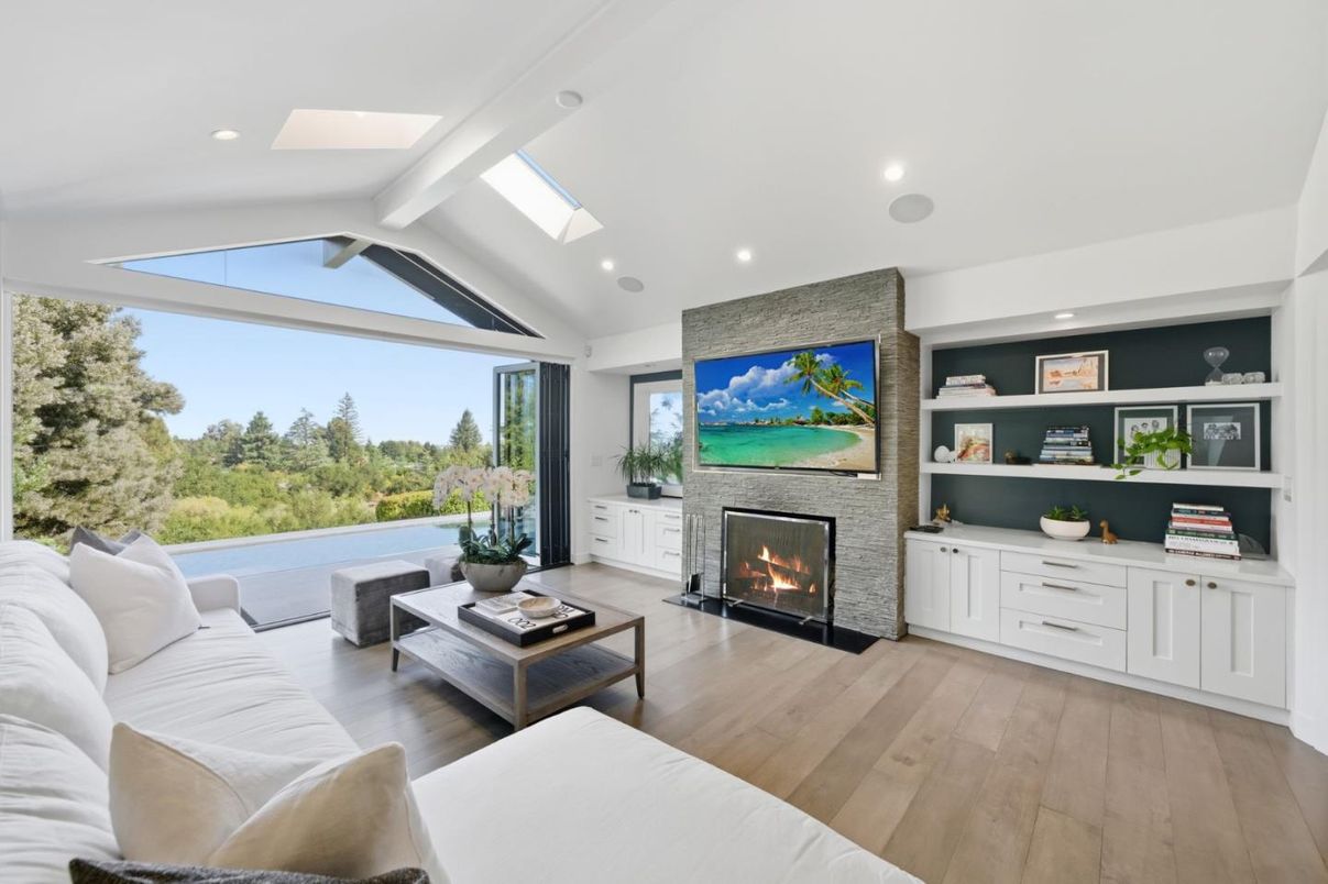 Fireplace, Interior, Living room, Recessed Lighting, Wood Texture Flooring
