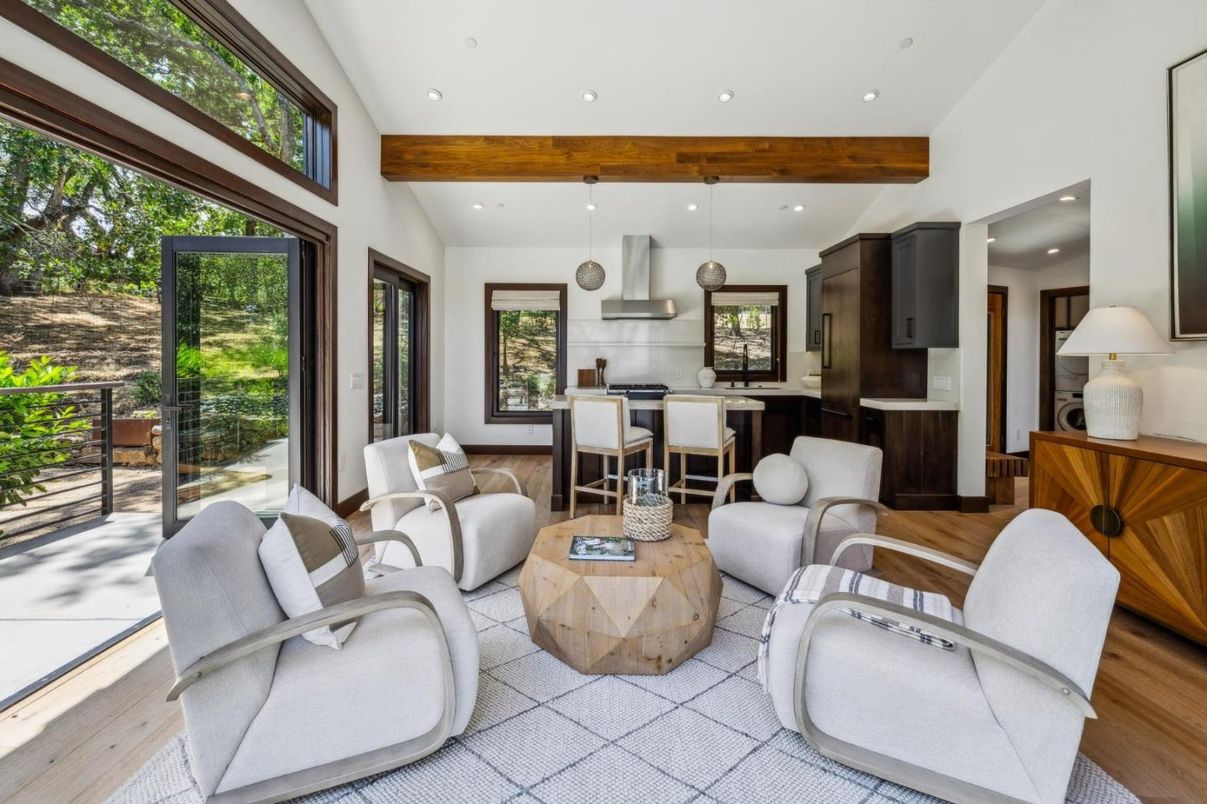 Interior, Kitchen, Living room, Pendant Lights, Recessed Lighting, Stainless Steel Appliances, Wooden Beams, Wood Texture Flooring