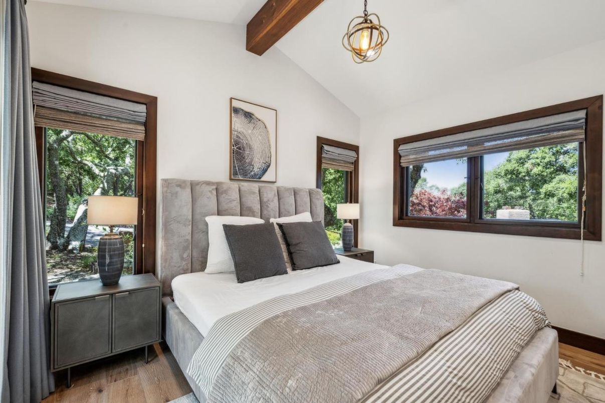 Bedroom, Interior, Pendant Lights, Wooden Beams, Wood Texture Flooring