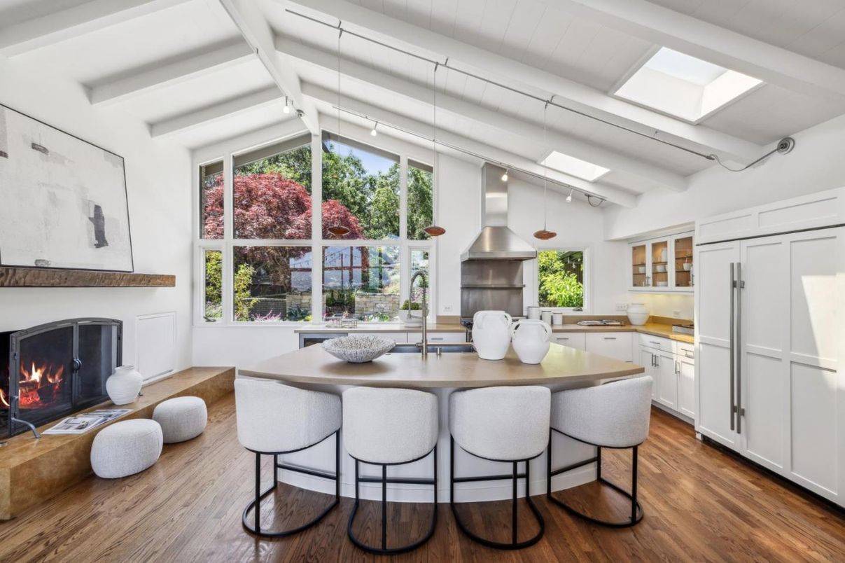 Fireplace, Interior, Kitchen, Pendant Lights, Wood Texture Flooring
