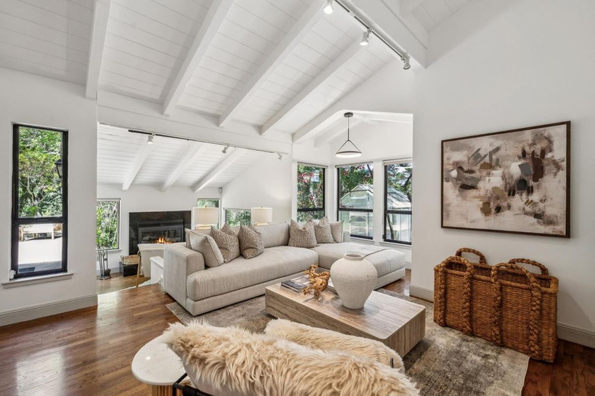 Fireplace, Interior, Living room, Pendant Lights, Wood Texture Flooring