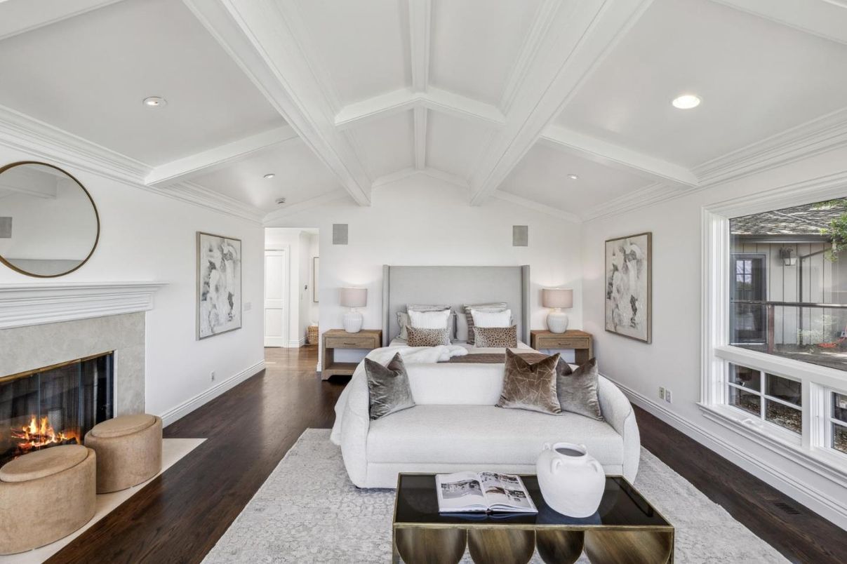 Bedroom, Fireplace, Interior, Living room, Recessed Lighting, Wood Texture Flooring