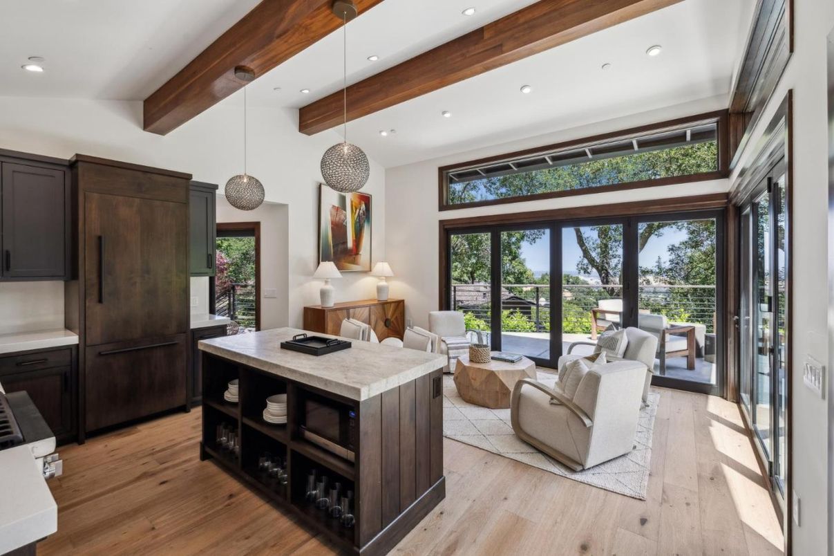 Interior, Kitchen, Living room, Pendant Lights, Recessed Lighting, Wooden Beams, Wood Texture Flooring