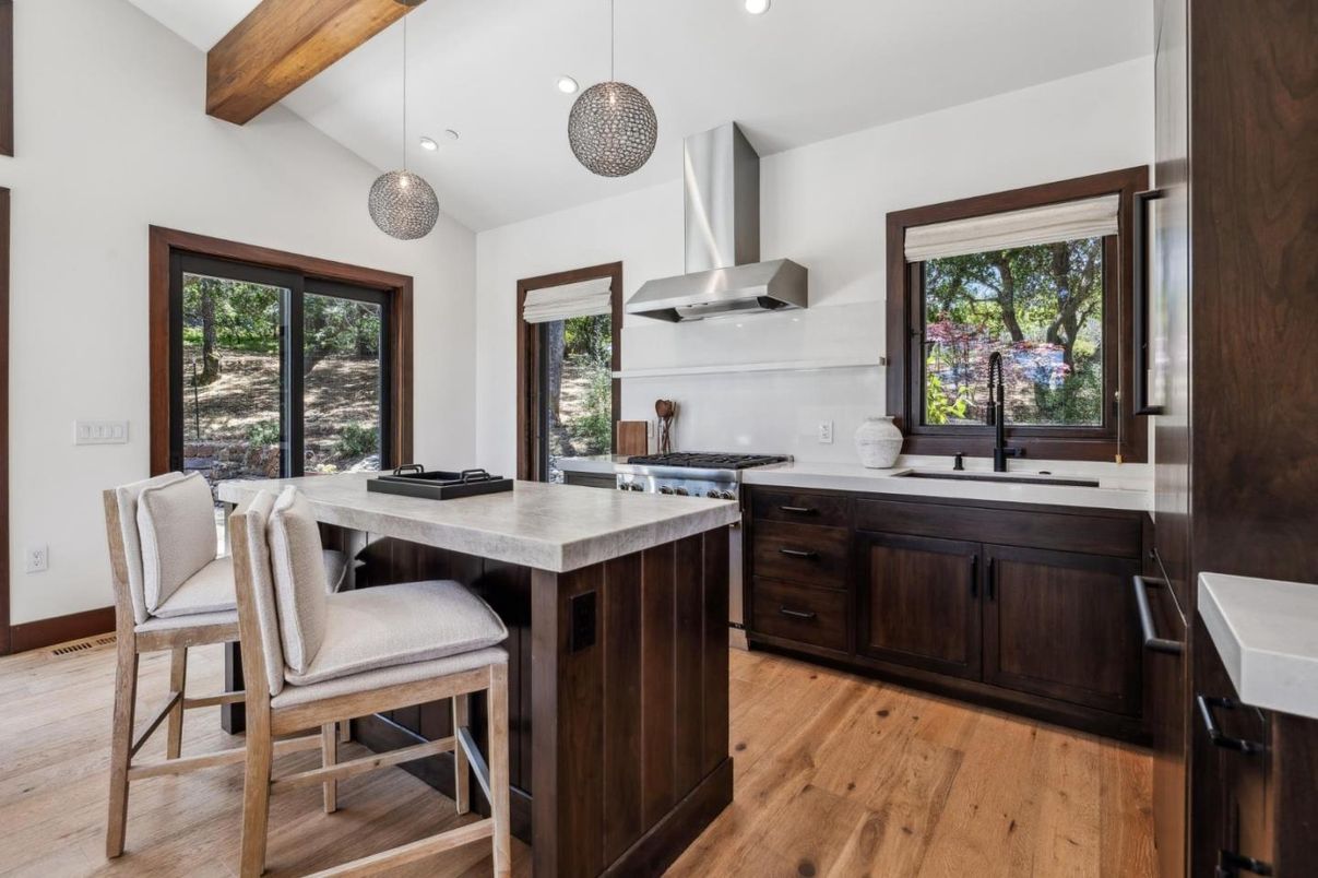 Interior, Kitchen, Pendant Lights, Recessed Lighting, Stainless Steel Appliances, Wooden Beams, Wood Texture Flooring