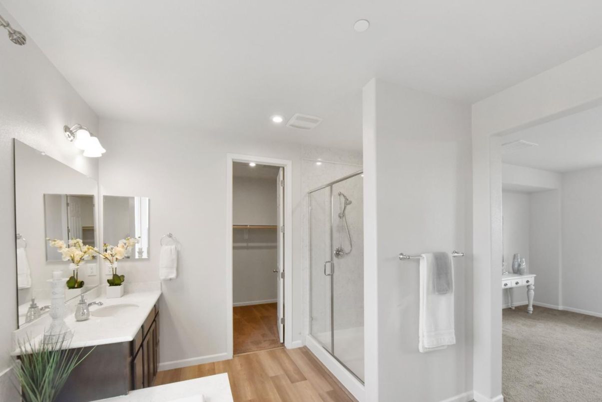 Bathroom, Glass Shower, Interior, Recessed Lighting, Wood Texture Flooring