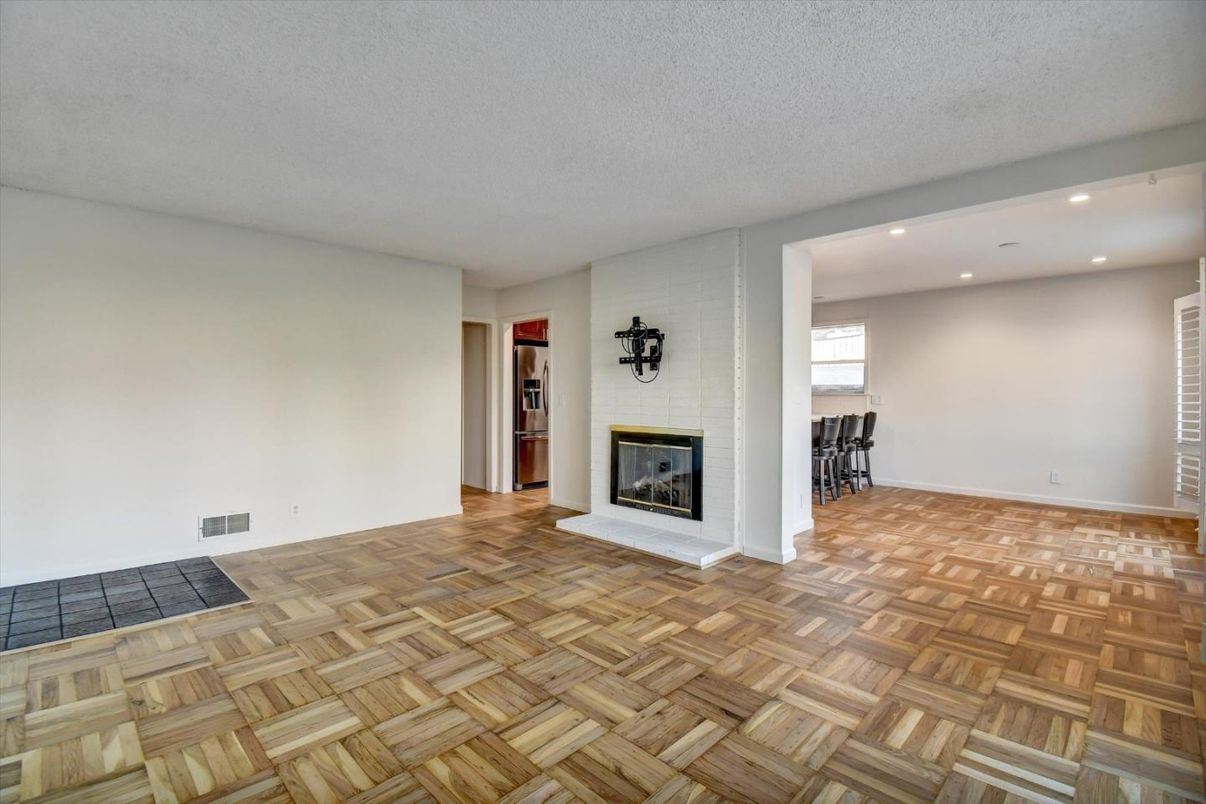 Empty room, Fireplace, Interior, Recessed Lighting, Wood Texture Flooring