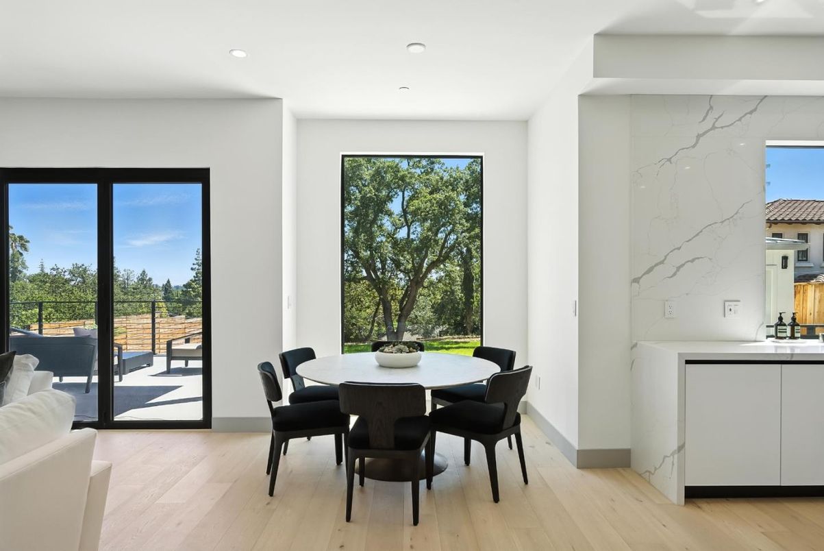 Dining room, Interior, Marble Walls, Recessed Lighting, Wood Texture Flooring