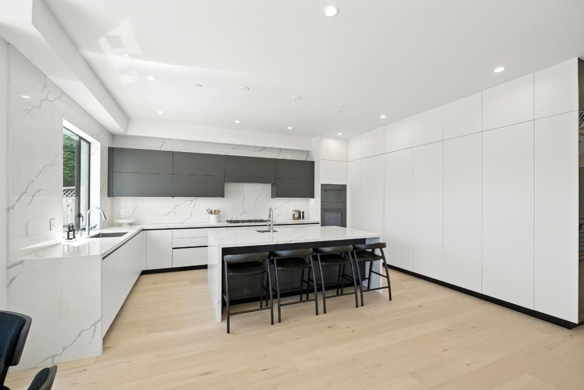 Interior, Kitchen, Marble Walls, Recessed Lighting, Wood Texture Flooring