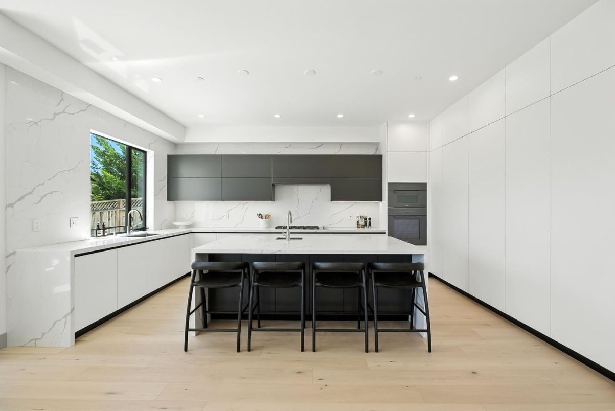 Interior, Kitchen, Marble Walls, Recessed Lighting, Wood Texture Flooring