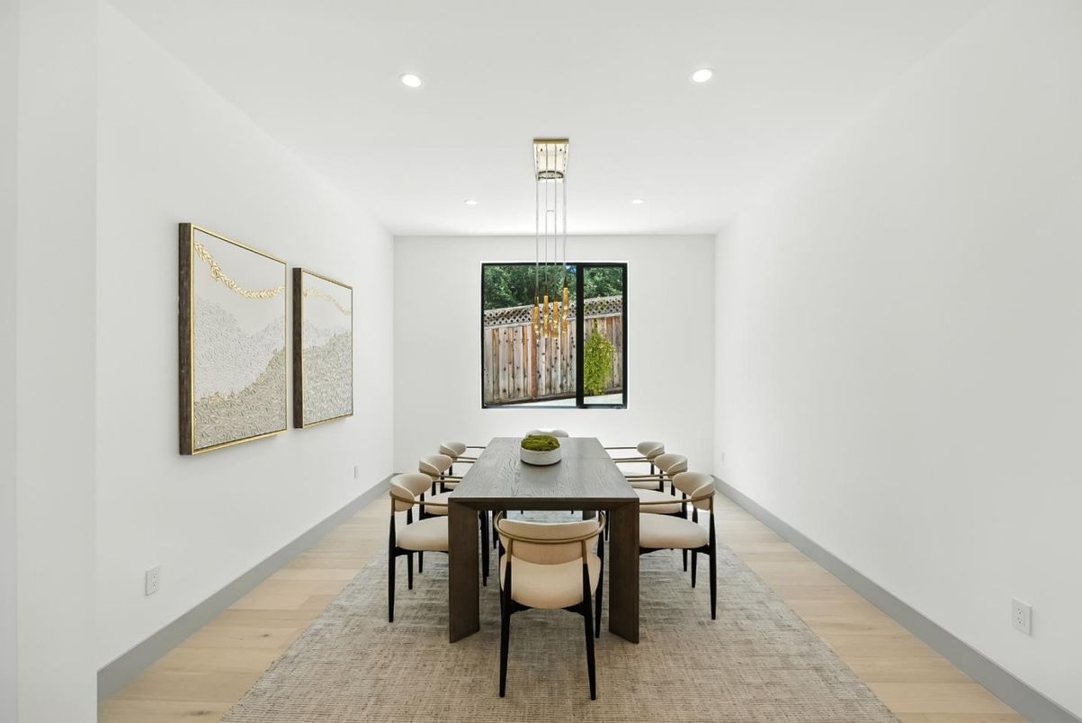 Dining room, Interior, Pendant Lights, Recessed Lighting, Wood Texture Flooring