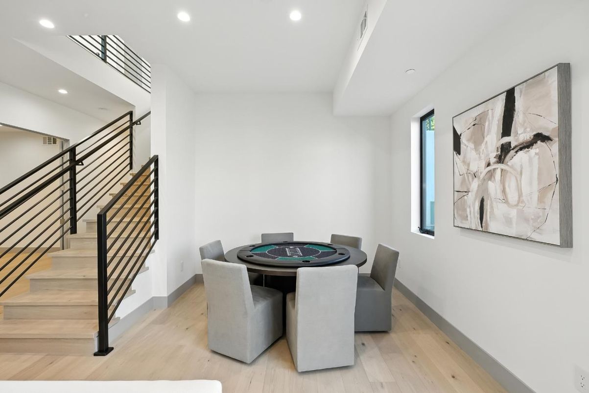 Dining room, Game Room, Interior, Recessed Lighting, Wood Texture Flooring