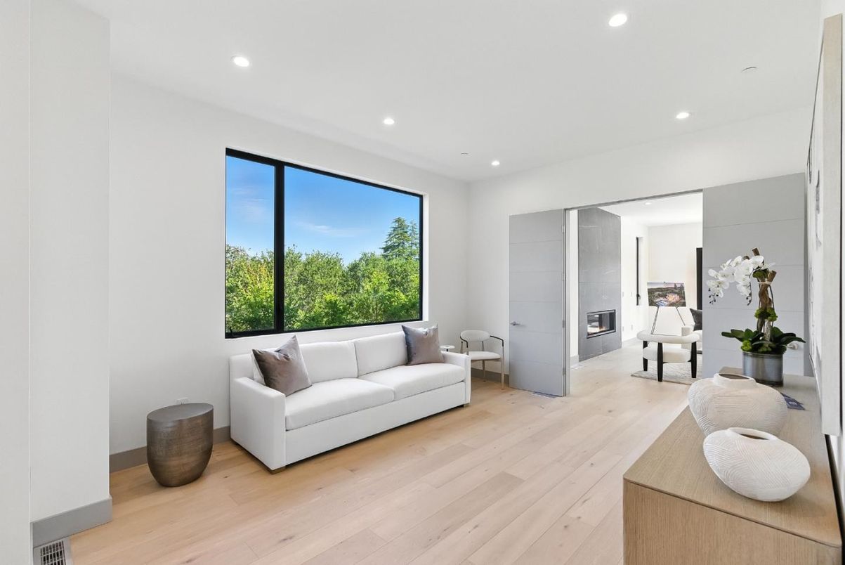 Fireplace, Interior, Living room, Recessed Lighting, Wood Texture Flooring