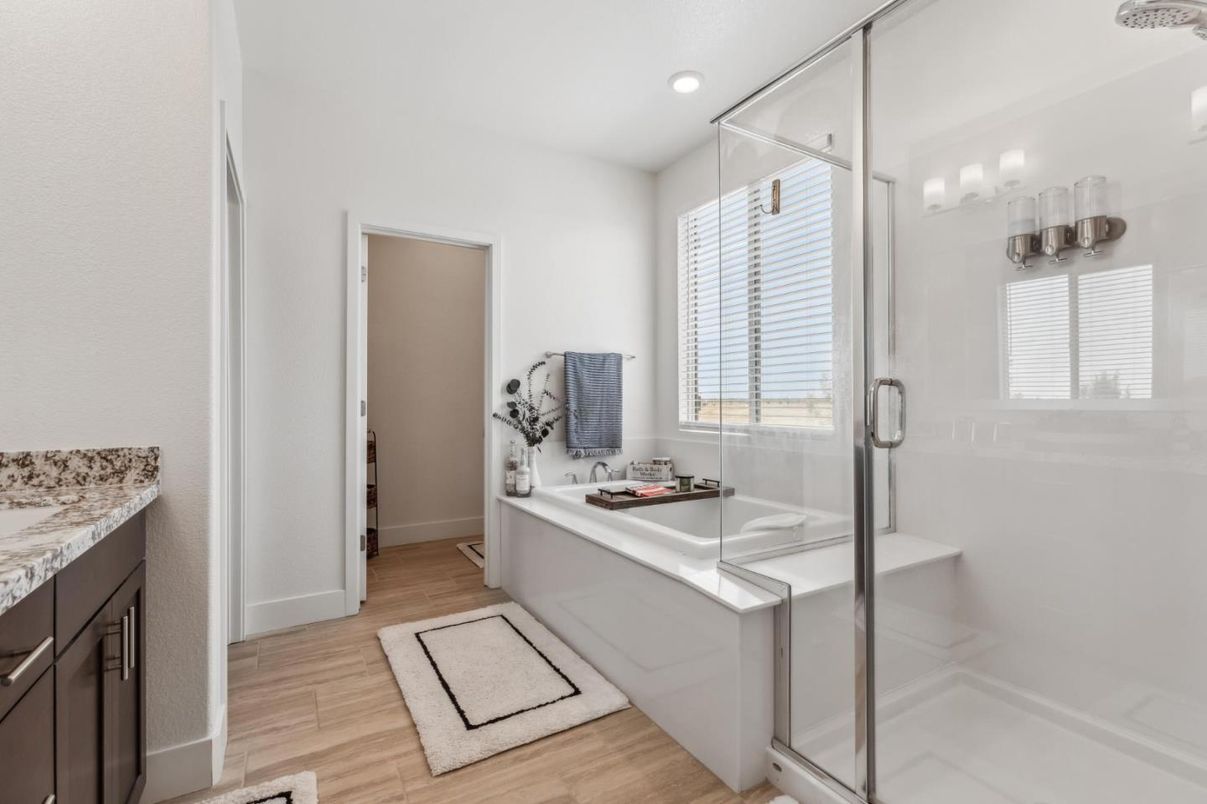 Bathroom, Glass Shower, Interior, Recessed Lighting, Wood Texture Flooring