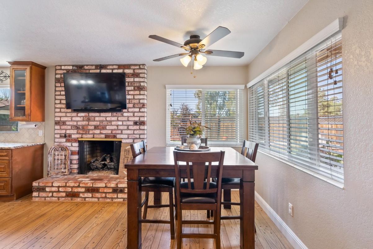 Dining room, Fireplace, Interior, Stone Walls, Wood Texture Flooring