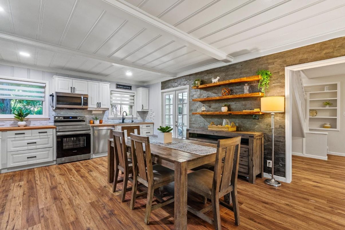 Interior, Kitchen, Recessed Lighting, Stainless Steel Appliances, Stone Walls, Wood Texture Flooring