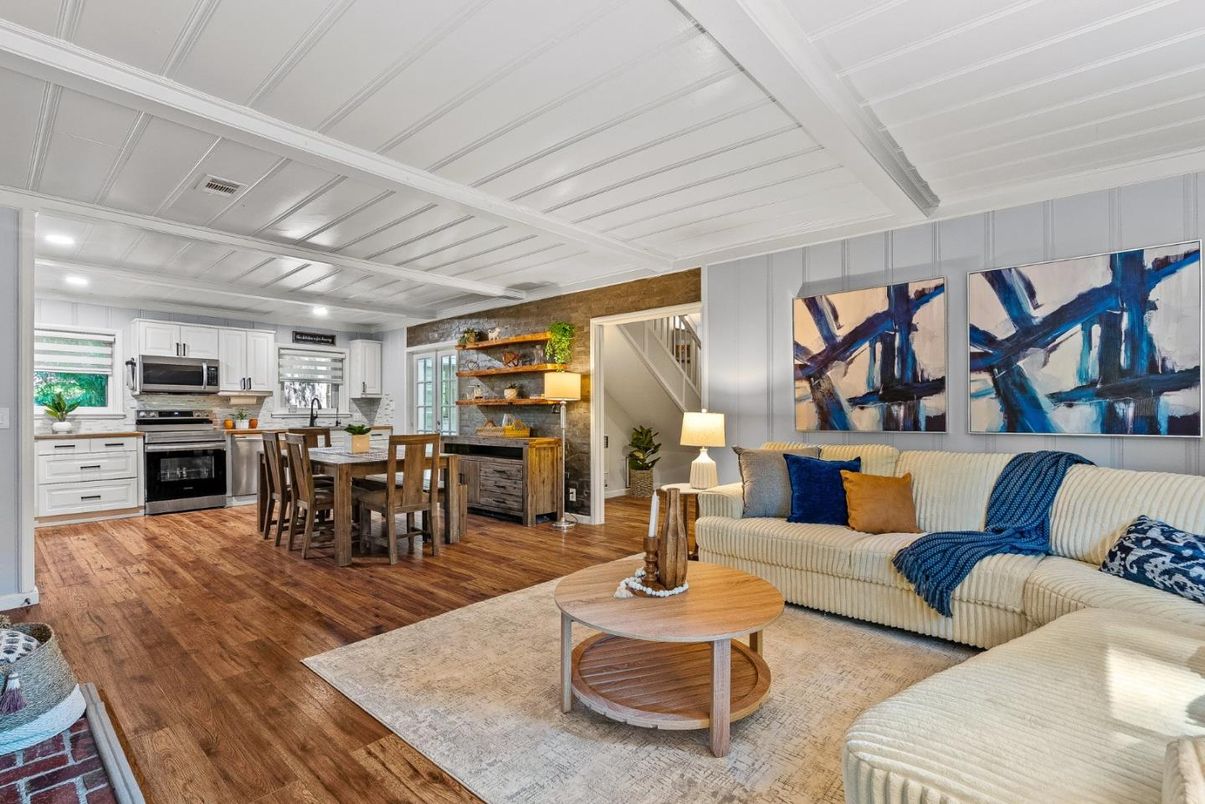 Dining room, Interior, Kitchen, Living room, Recessed Lighting, Stainless Steel Appliances, Wood Texture Flooring