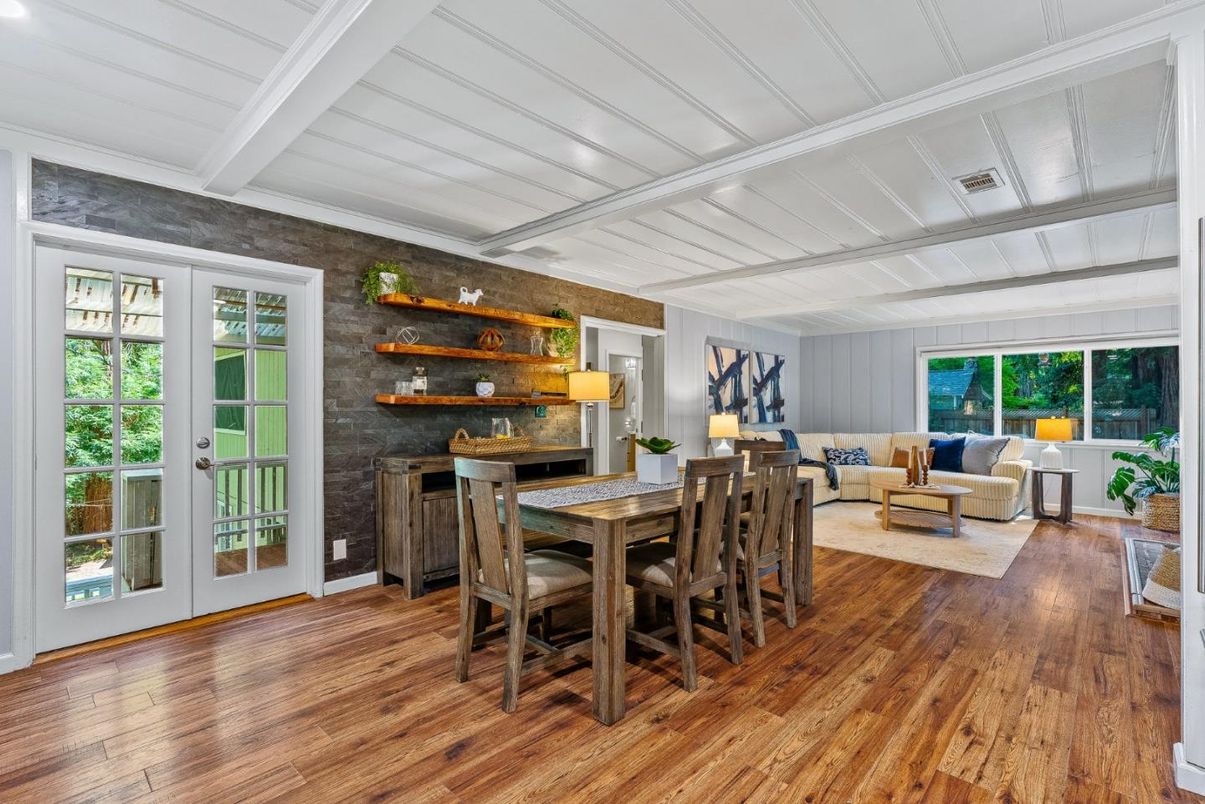 Dining room, Fireplace, Interior, Living room, Wood Texture Flooring