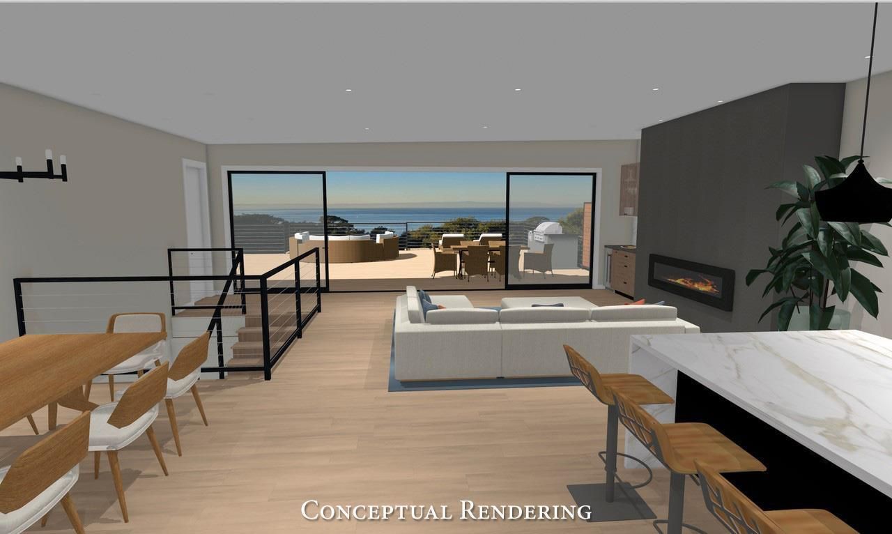 Dining room, Fireplace, Interior, Living room, Recessed Lighting, Water, Wood Texture Flooring