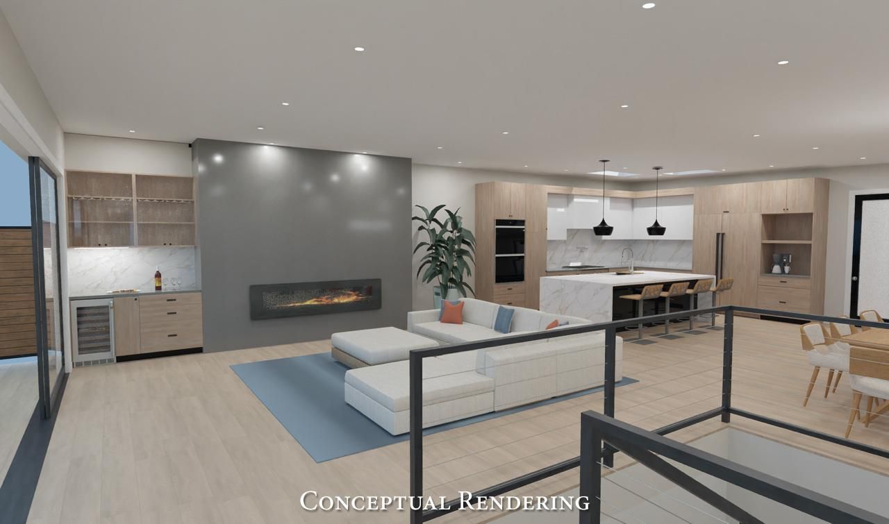 Fireplace, Interior, Kitchen, Living room, Marble Walls, Pendant Lights, Recessed Lighting, Stainless Steel Appliances, Wood Texture Flooring