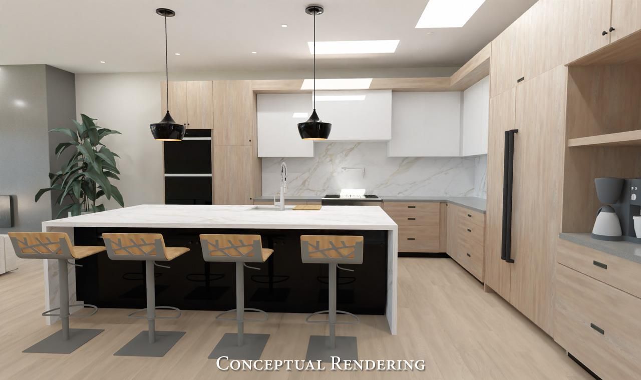 Interior, Kitchen, Marble Walls, Pendant Lights, Recessed Lighting, Wood Texture Flooring