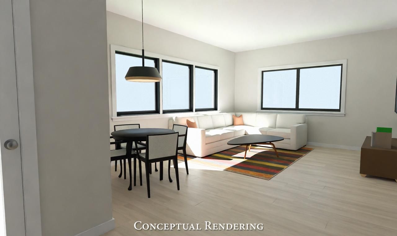 Dining room, Interior, Living room, Pendant Lights, Wood Texture Flooring