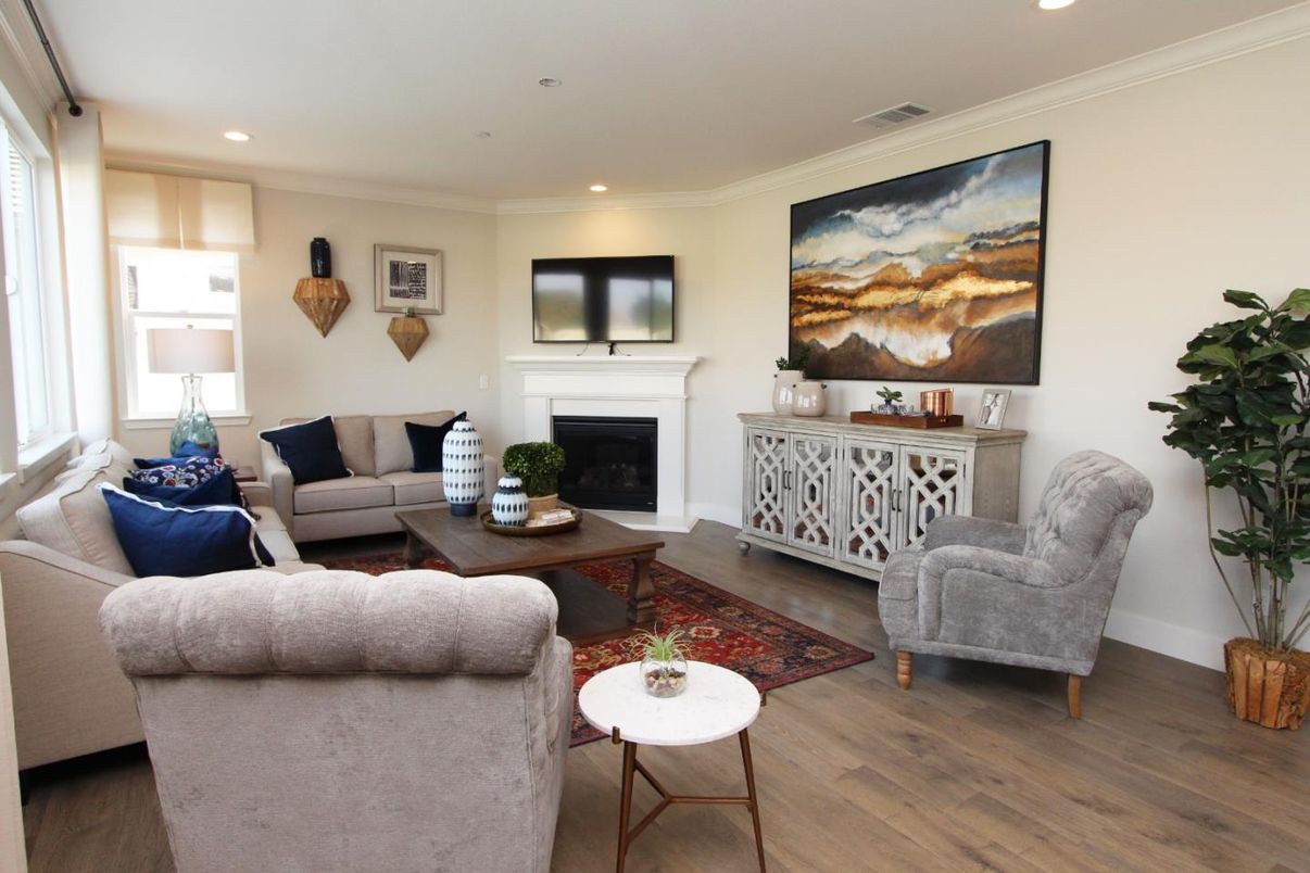 Fireplace, Interior, Living room, Recessed Lighting, Wood Texture Flooring