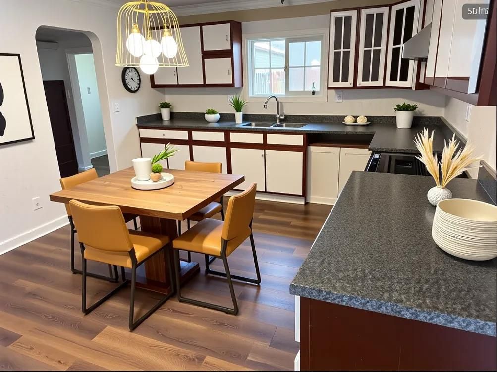 Dining room, Interior, Kitchen, Pendant Lights, Wood Texture Flooring