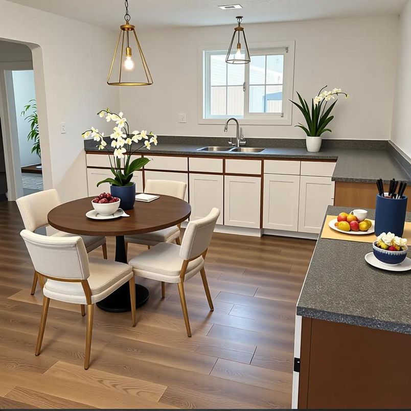 Dining room, Interior, Kitchen, Pendant Lights, Wood Texture Flooring