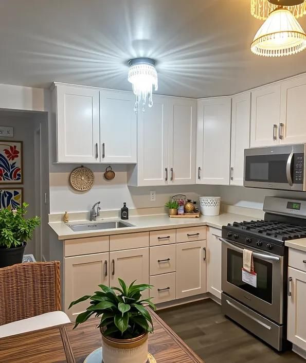 Chandelier, Interior, Kitchen, Stainless Steel Appliances, Wood Texture Flooring