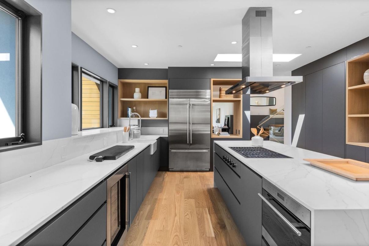 Interior, Kitchen, Recessed Lighting, Stainless Steel Appliances, Wood Texture Flooring