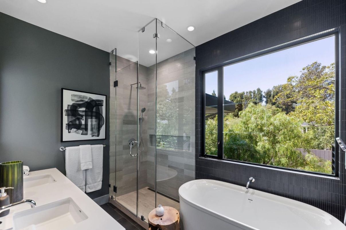 Bathroom, Free Standing Baths, Glass Shower, Interior, Recessed Lighting