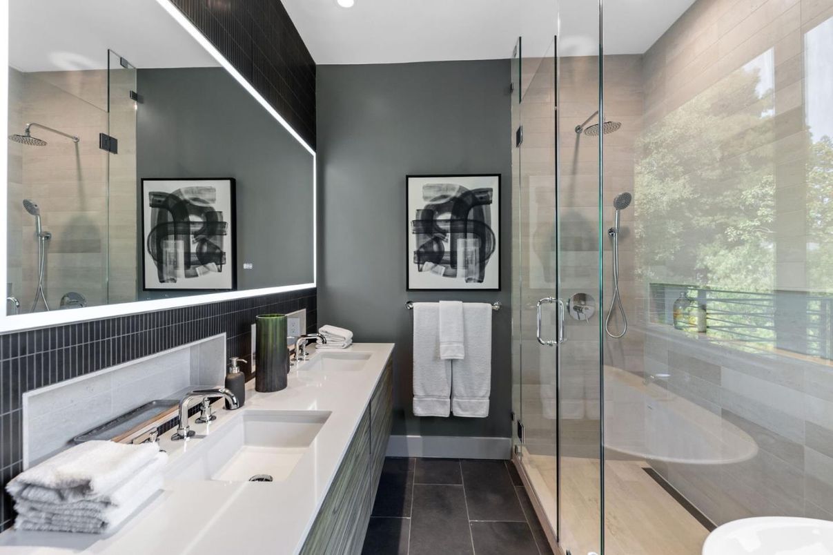 Bathroom, Dual Sink Vanities, Glass Shower, Interior, Recessed Lighting