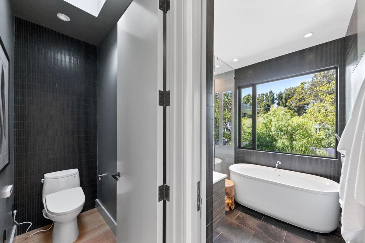 Bathroom, Free Standing Baths, Interior, Recessed Lighting, Wood Texture Flooring
