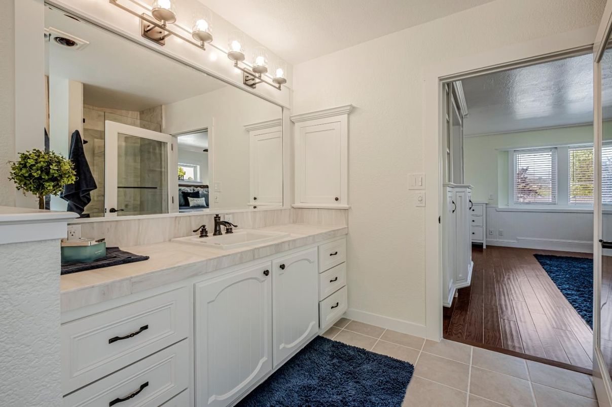Bathroom, Dual Sink Vanities, Interior, Tile Countertops, Wood Texture Flooring