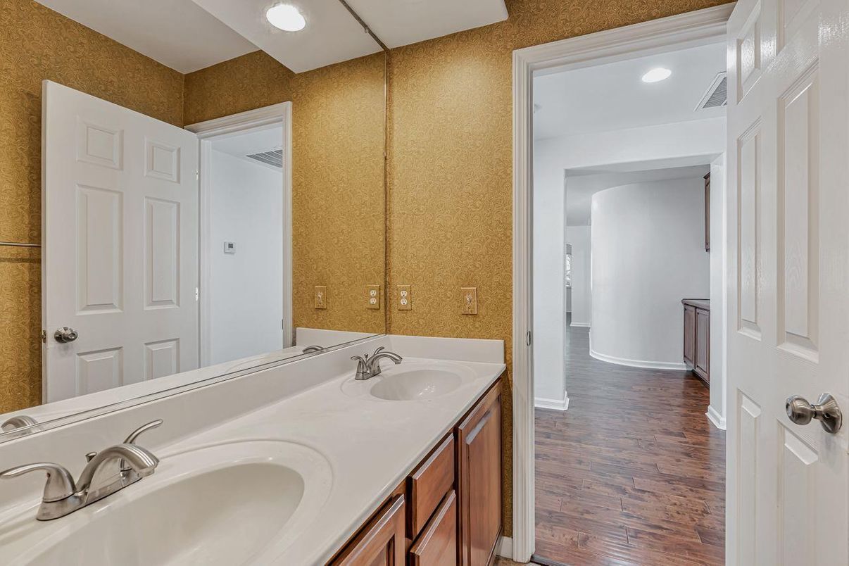 Bathroom, Dual Sink Vanities, Interior, Recessed Lighting, Wood Texture Flooring